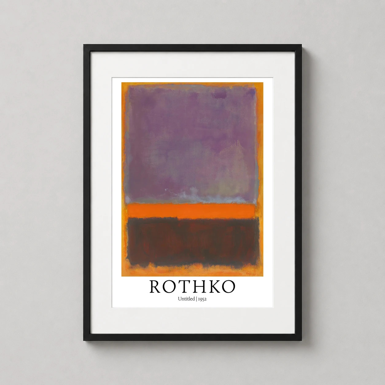Room mockup of Mark Rothko Untitled 1952 Purple and Orange Abstract Art Print, displayed as framed wall art in a living room setting as a portrait print with yellow, orange, and purple tones.