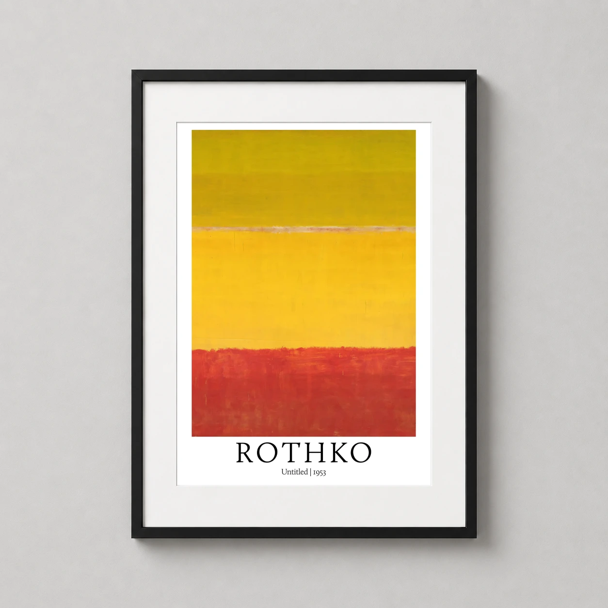 Room mockup of Mark Rothko Untitled 1953 Abstract Expressionist Art Print, displayed as framed wall art in a living room setting as a portrait print with yellow, orange, and red tones.