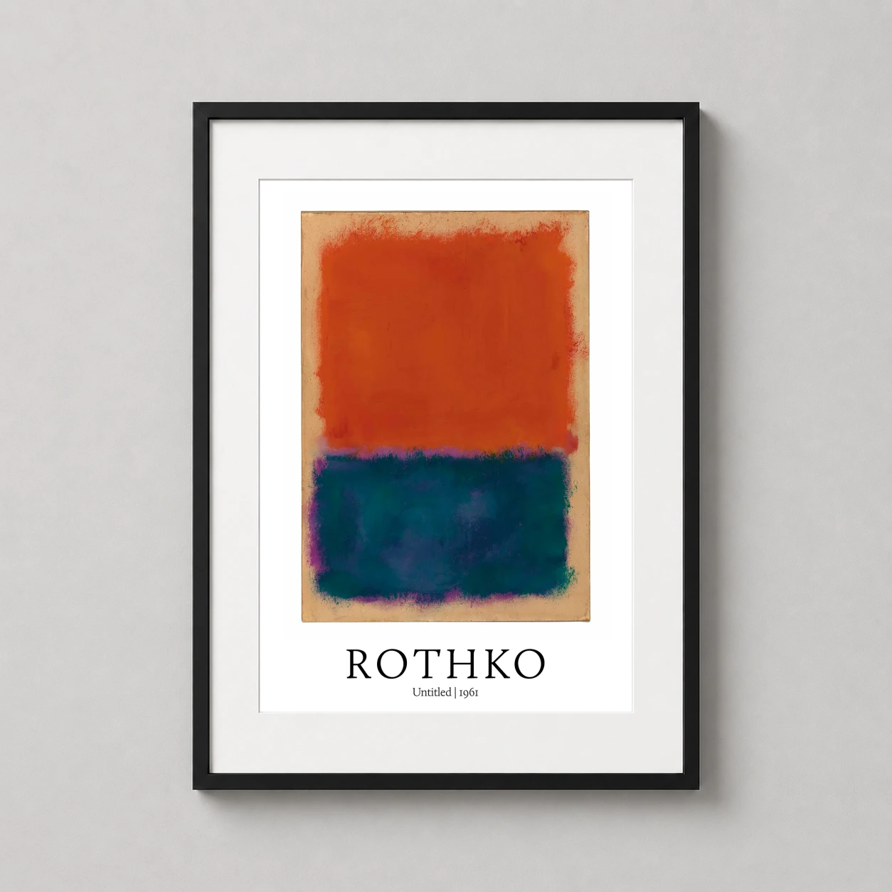 Room mockup of Mark Rothko Untitled 1961 Abstract Color Field Art Print, displayed as framed wall art in a living room setting as a portrait print with blue, green, and orange tones.
