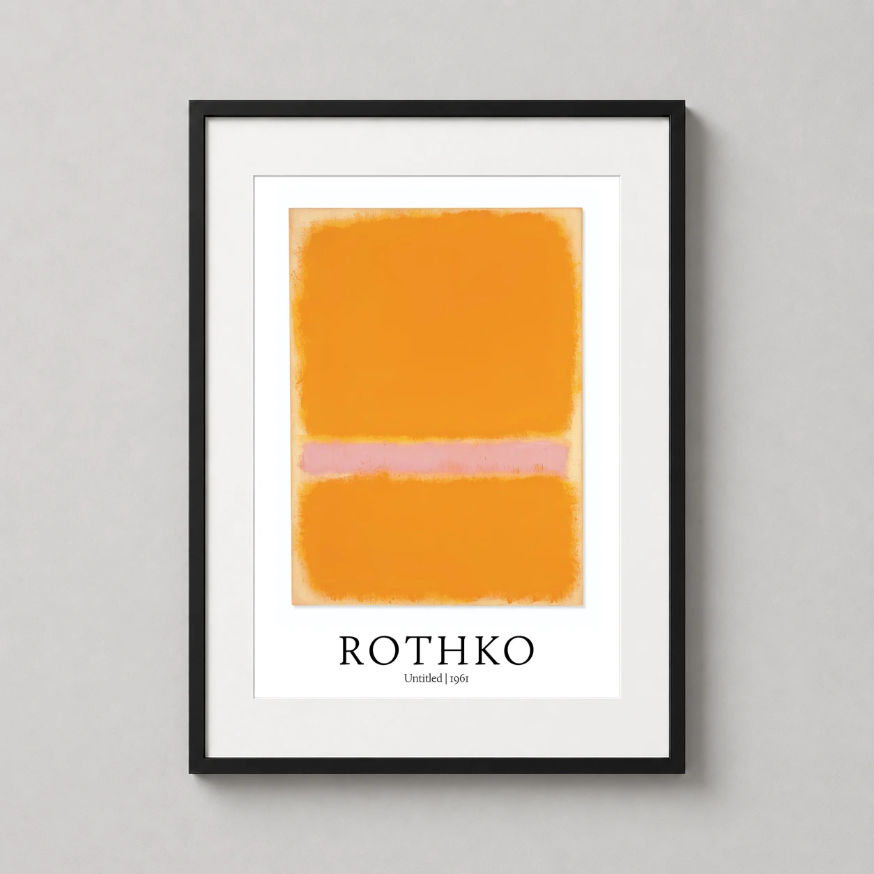 Room mockup of Mark Rothko Untitled 1961 Amber and Pink Color Field Art Print, displayed as framed wall art in a living room setting as a portrait print with orange and pink tones.