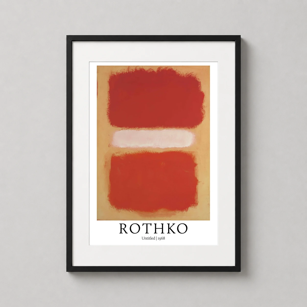 Room mockup of Mark Rothko Untitled 1968, Red and White Abstract Art Print, displayed as framed wall art in a living room setting as a portrait print with red and white tones.