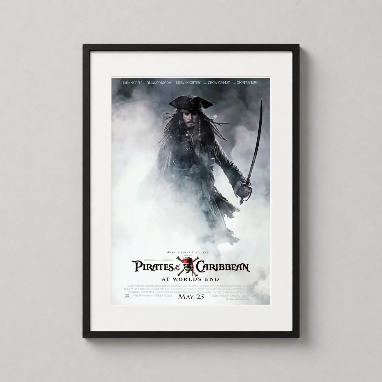 Pirates of the Caribbean at World's End — capturing Captain Jack Sparrow emerging from thick white mist with his