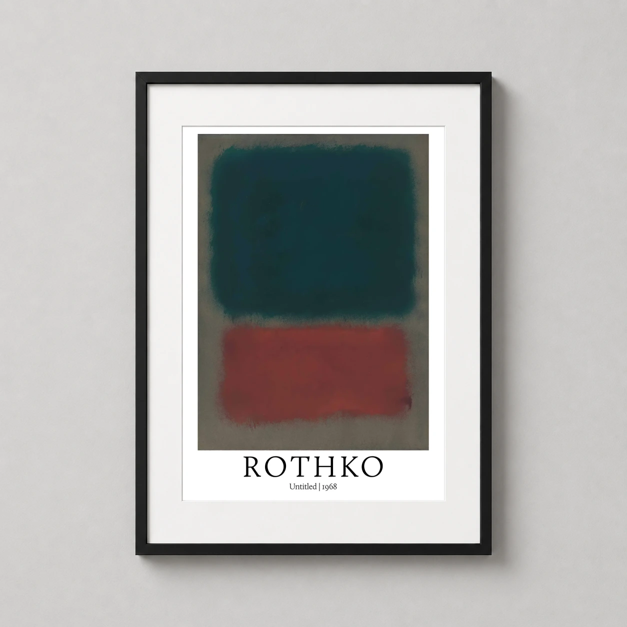 Room mockup of Mark Rothko Untitled 1968 Abstract Expressionist Art Print, displayed as framed wall art in a living room setting as a portrait print with teal, green, and red tones.