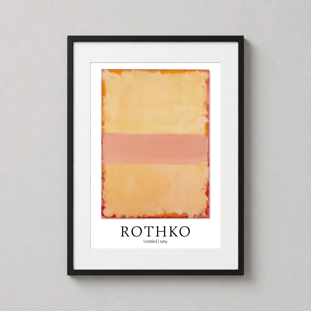 Room mockup of Mark Rothko Untitled 1969 Abstract Yellow and Pink Art Print, displayed as framed wall art in a living room setting as a portrait print with yellow, orange, and red tones.