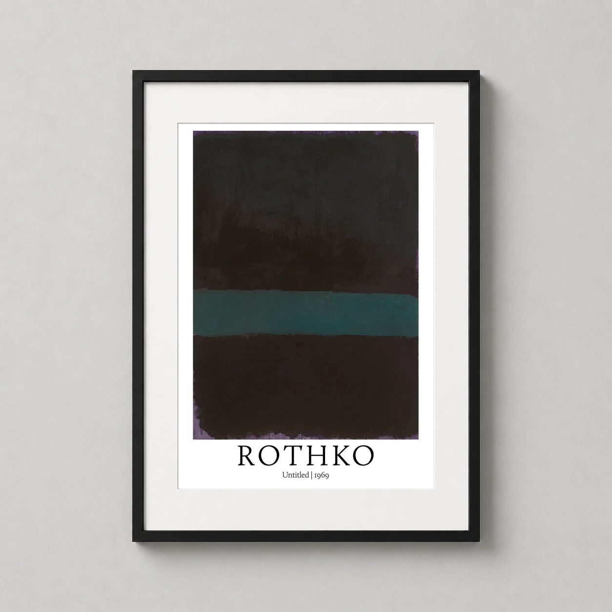 Room mockup of Mark Rothko Untitled 1969 Modernist Abstract Expressionist Art Print, displayed as framed wall art in a living room setting as a portrait print with teal and green tones.