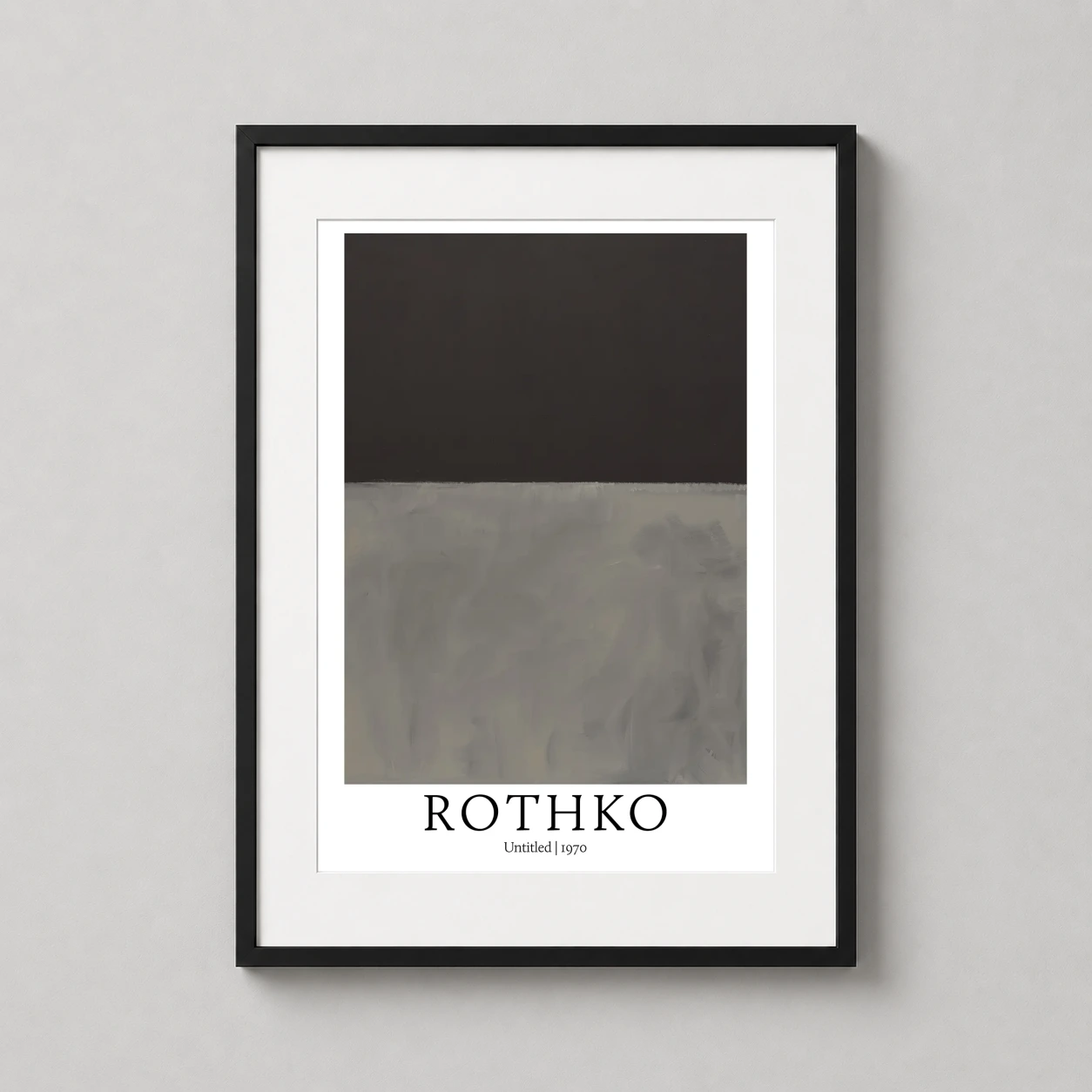 Room mockup of Rothko Untitled 1970 Abstract Color Field Museum Art Print, displayed as framed wall art in a living room setting as a portrait print with grey and black tones.