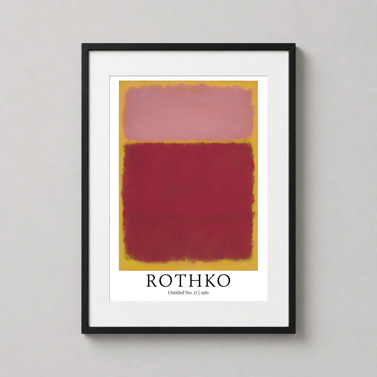 Room mockup of Mark Rothko Untitled No. 17 Abstract Color Field Art Print, displayed as framed wall art in a living room setting as a portrait print with yellow and pink tones.