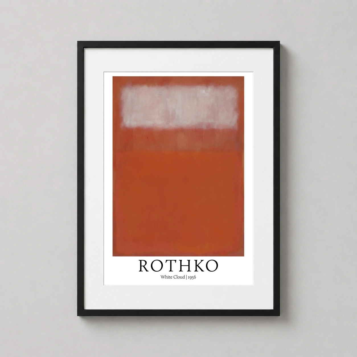 Room mockup of Mark Rothko White Cloud 1956 Abstract Expressionist Art Print, displayed as framed wall art in a living room setting as a portrait print with yellow and white tones.