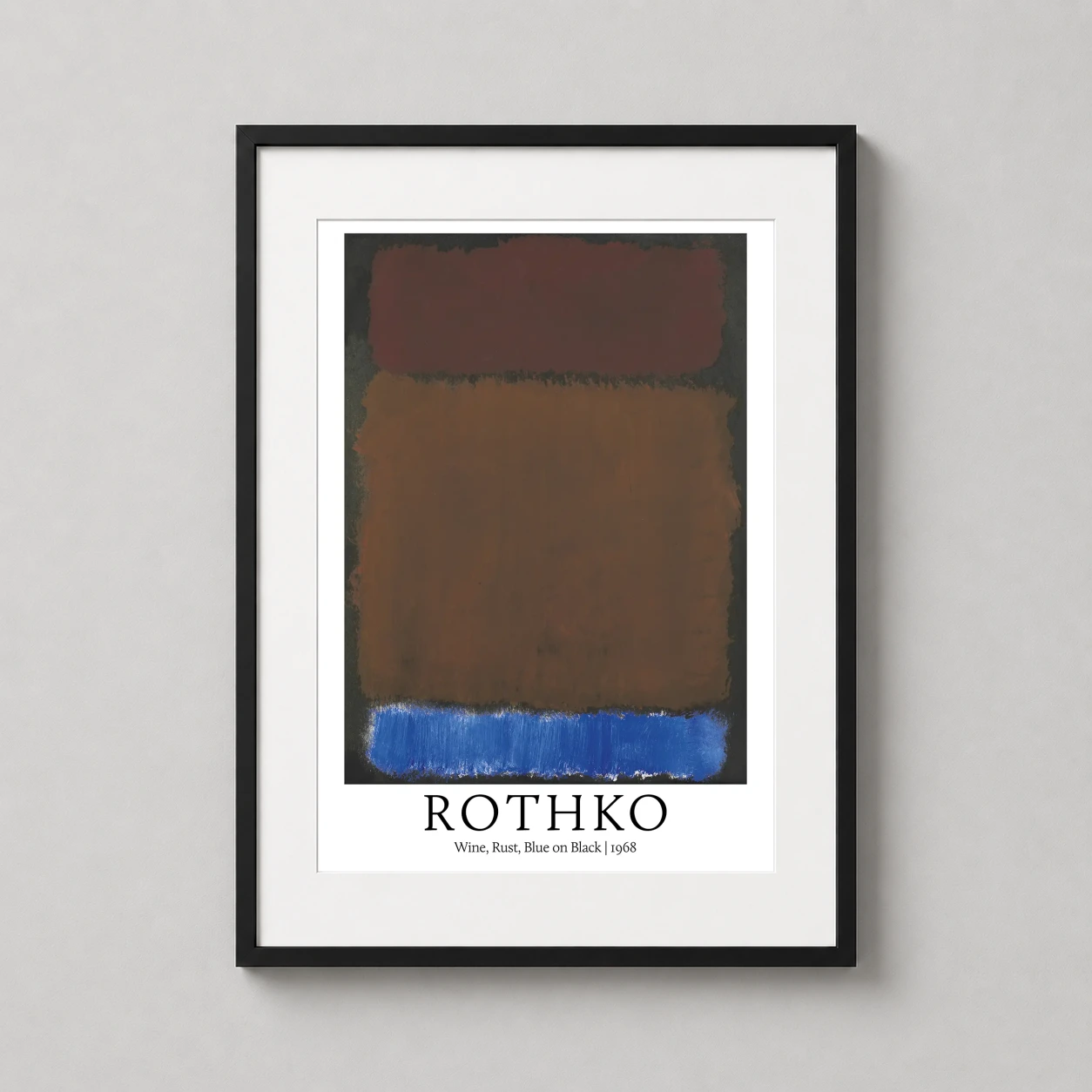 Room mockup of Mark Rothko Wine Rust Blue on Black 1968 Abstract Art Print, displayed as framed wall art in a living room setting as a portrait print with blue and black tones.