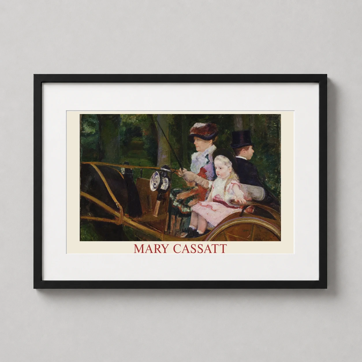 Room mockup of A Woman and a Girl Driving 1881, Mary Cassatt Fine Art Print, displayed as framed wall art in a living room setting as a landscape print with green tones.