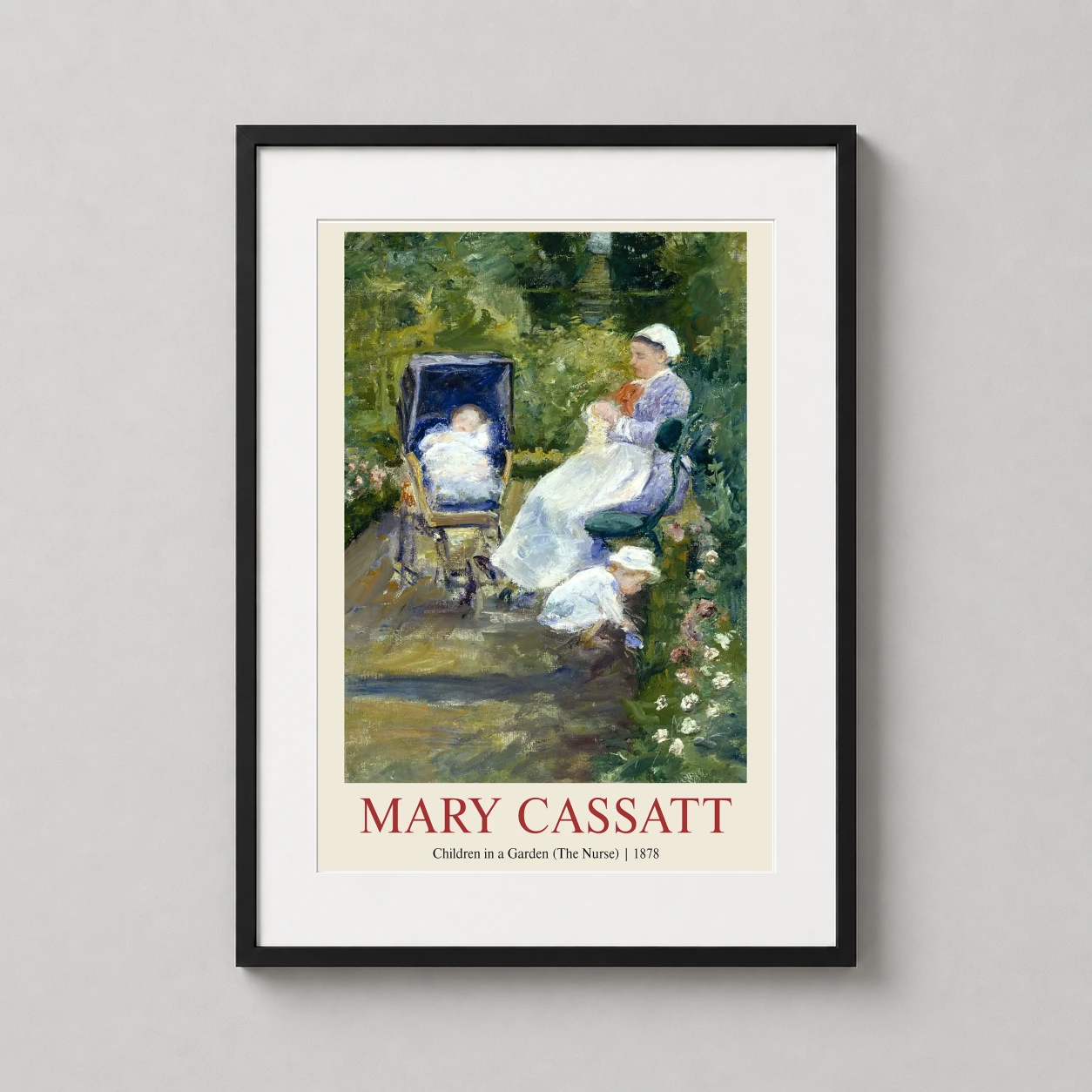 Room mockup of Mary Cassatt Children in a Garden (The Nurse) Impressionist Art Print, displayed as framed wall art in a bedroom setting as a portrait print with blue and green tones.