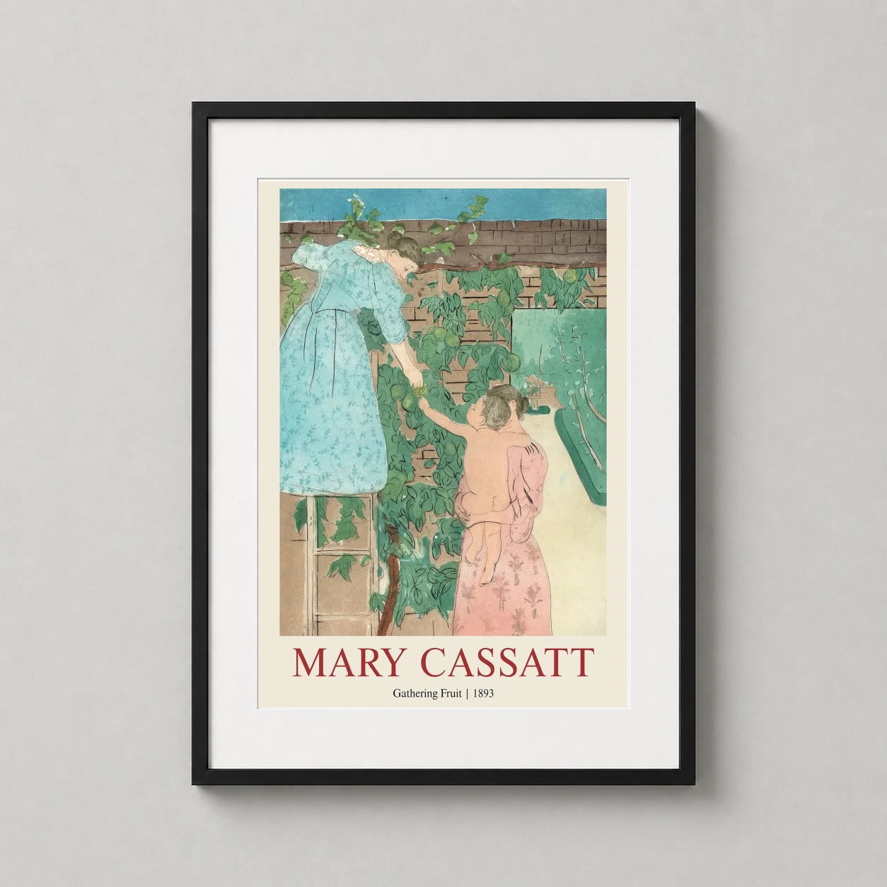 Room mockup of Mary Cassatt Gathering Fruit 1893 Impressionist Art Print, displayed as framed wall art in a bedroom setting as a portrait print with blue and green tones.