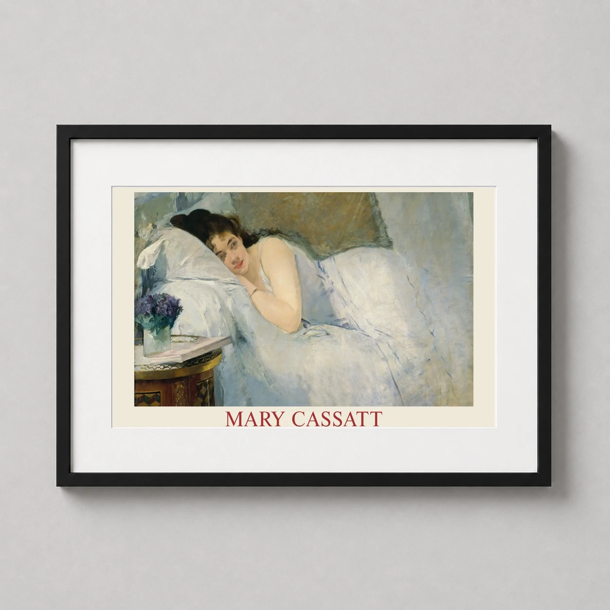 Room mockup of Mary Cassatt Girl Awakening 1878 Impressionist Portrait Art Print, displayed as framed wall art in a living room setting as a landscape print with blue, purple, and white tones.