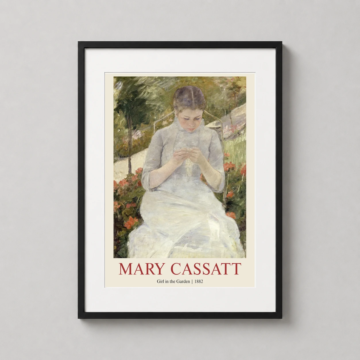 Room mockup of Mary Cassatt Girl in the Garden 1882 Impressionist Art Print, displayed as framed wall art in a bedroom setting as a portrait print with green and red tones.