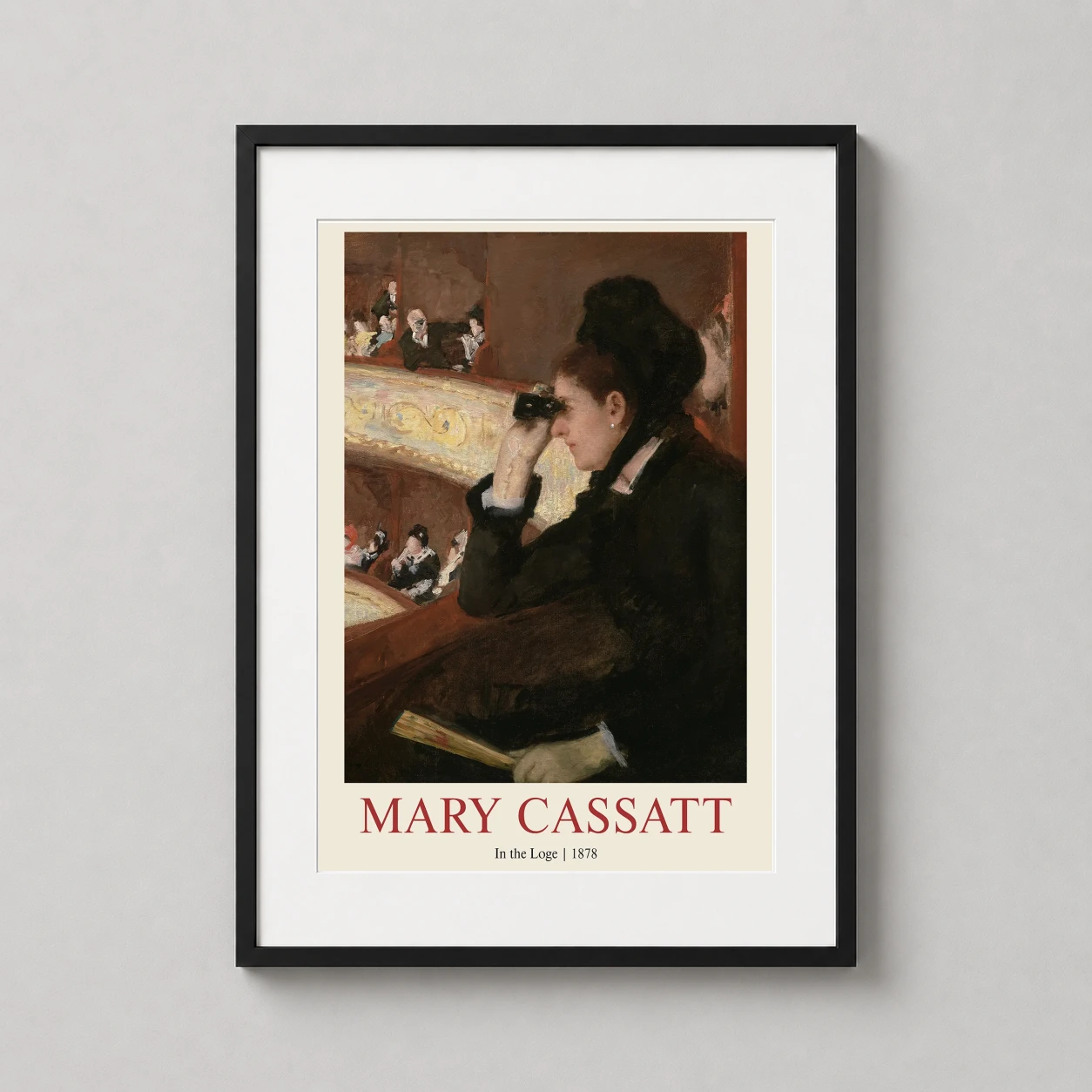 Room mockup of Mary Cassatt In the Loge, Impressionist Theater Box Art Print, displayed as framed wall art in a bedroom setting as a portrait print with black tones.