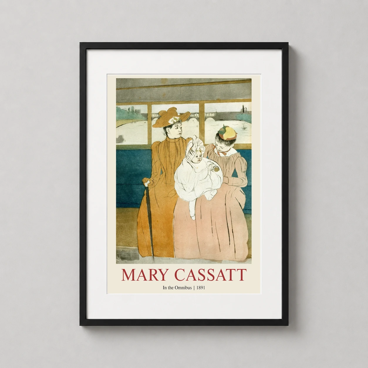 Room mockup of Mary Cassatt Omnibus 1891 Exhibition Poster, Impressionist Art Print, displayed as framed wall art in a living room setting as a portrait print with teal, yellow, and cream tones.