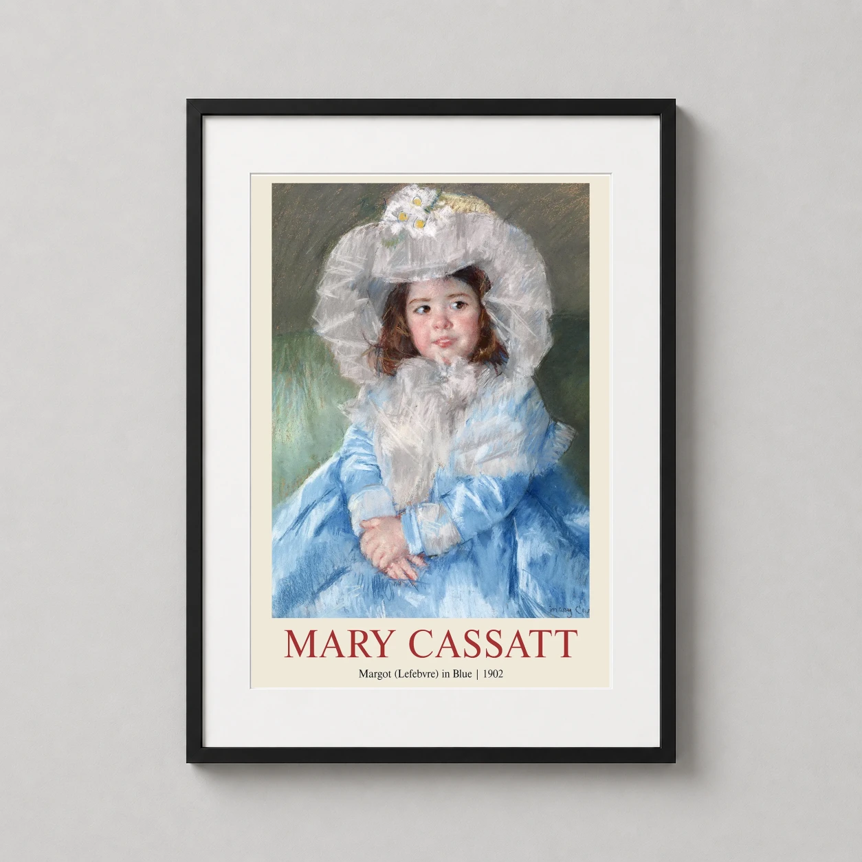 Room mockup of Mary Cassatt Margot in Blue 1902 Impressionist Art Print, displayed as framed wall art in a bedroom setting as a portrait print with blue and white tones.