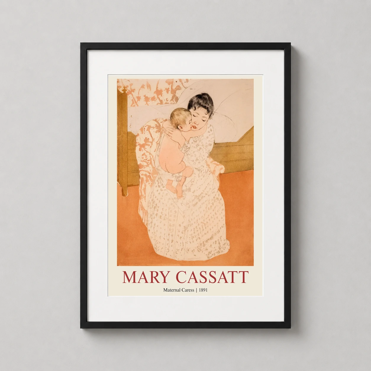 Room mockup of Maternal Caress by Mary Cassatt, 1891 Impressionist Art Print, displayed as framed wall art in a bedroom setting as a portrait print with orange tones.