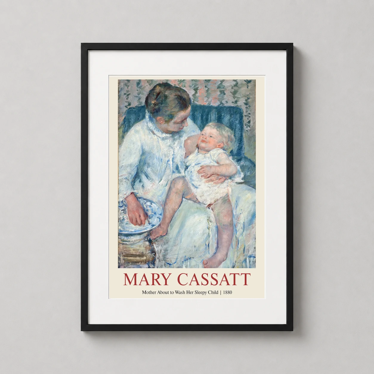 Room mockup of Mother About to Wash Her Sleepy Child Mary Cassatt Art Print, displayed as framed wall art in a bedroom setting as a portrait print with white tones.
