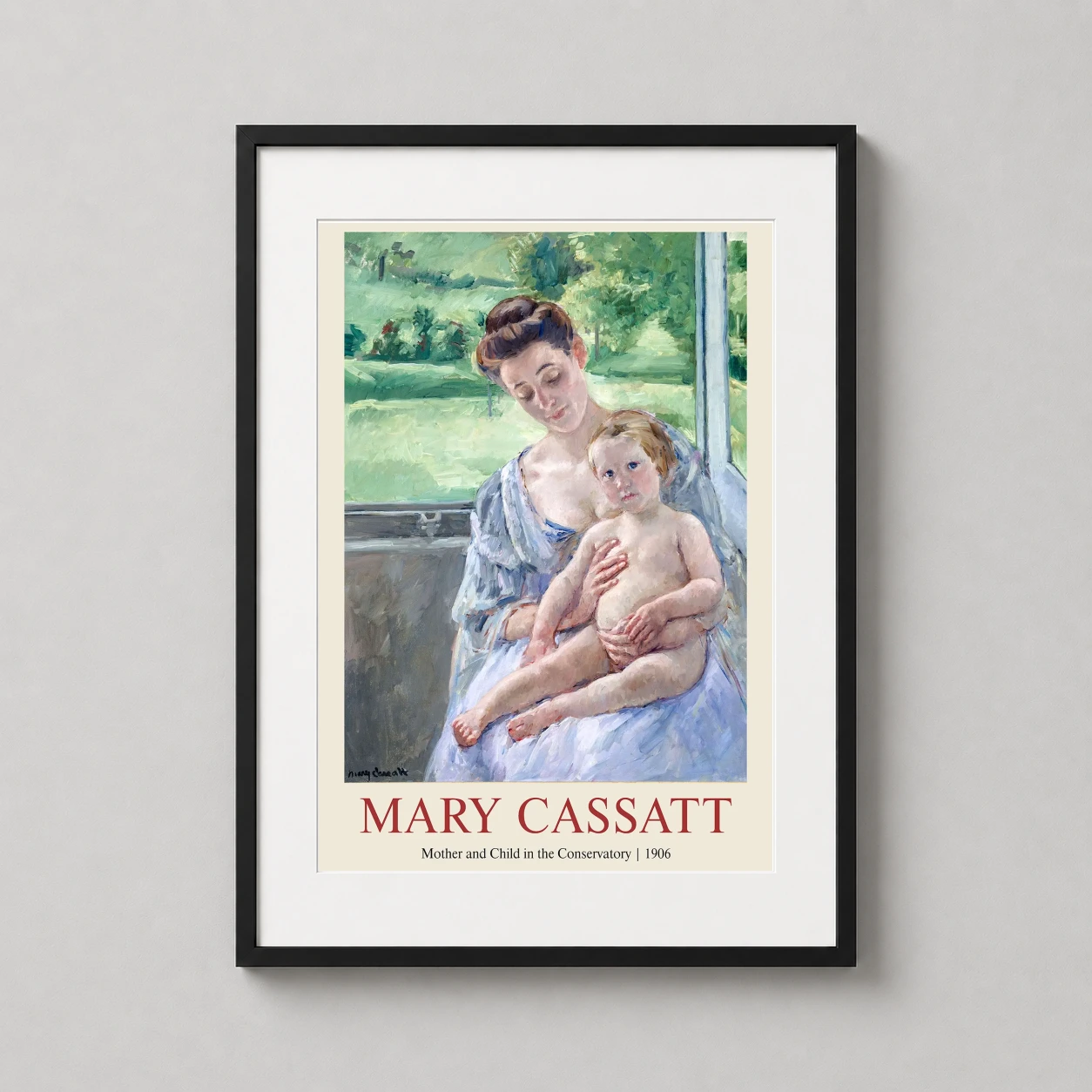 Room mockup of Mary Cassatt Mother and Child in the Conservatory 1906 Art Print, displayed as framed wall art in a bedroom setting as a portrait print with blue and green tones.