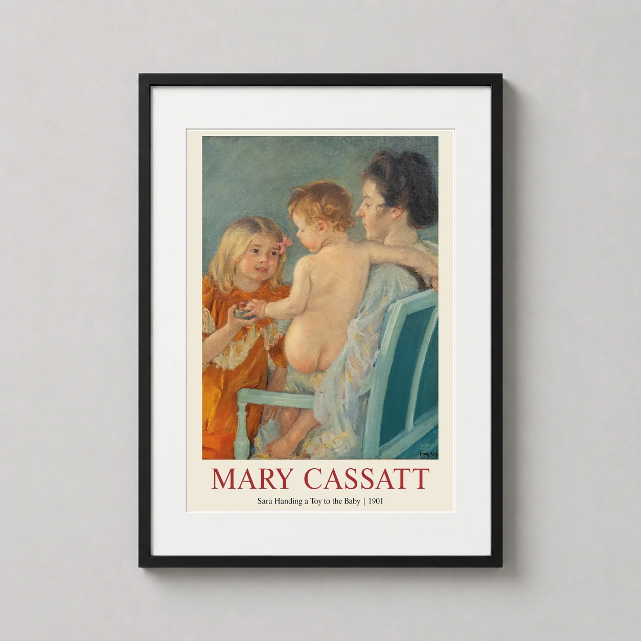 Room mockup of Sara Handing a Toy to the Baby Mary Cassatt Impressionist Art Print, displayed as framed wall art in a bedroom setting as a portrait print with blue and orange tones.