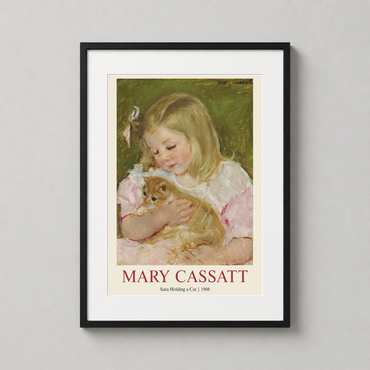 Room mockup of Sara Holding a Cat 1908 Mary Cassatt Impressionist Art Print, displayed as framed wall art in a bedroom setting as a portrait print with green, orange, and white tones.