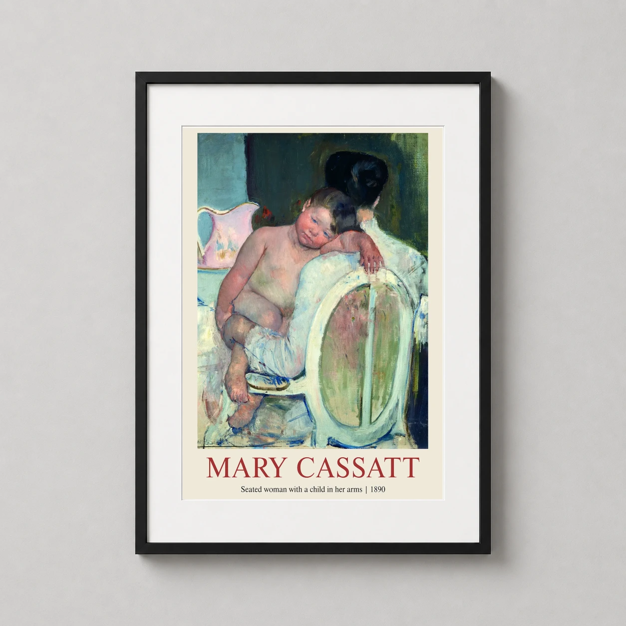 Room mockup of Mary Cassatt, Seated Woman with a Child in her Arms Art Print, displayed as framed wall art in a living room setting as a portrait print with pink tones.