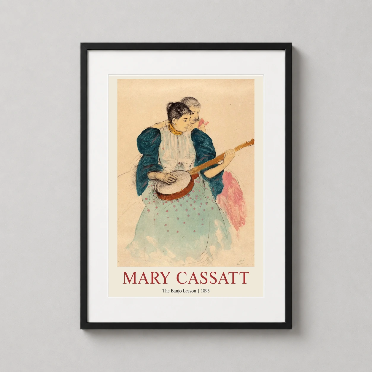 Room mockup of Mary Cassatt The Banjo Lesson Impressionist Art Print, displayed as framed wall art in a bedroom setting as a portrait print.