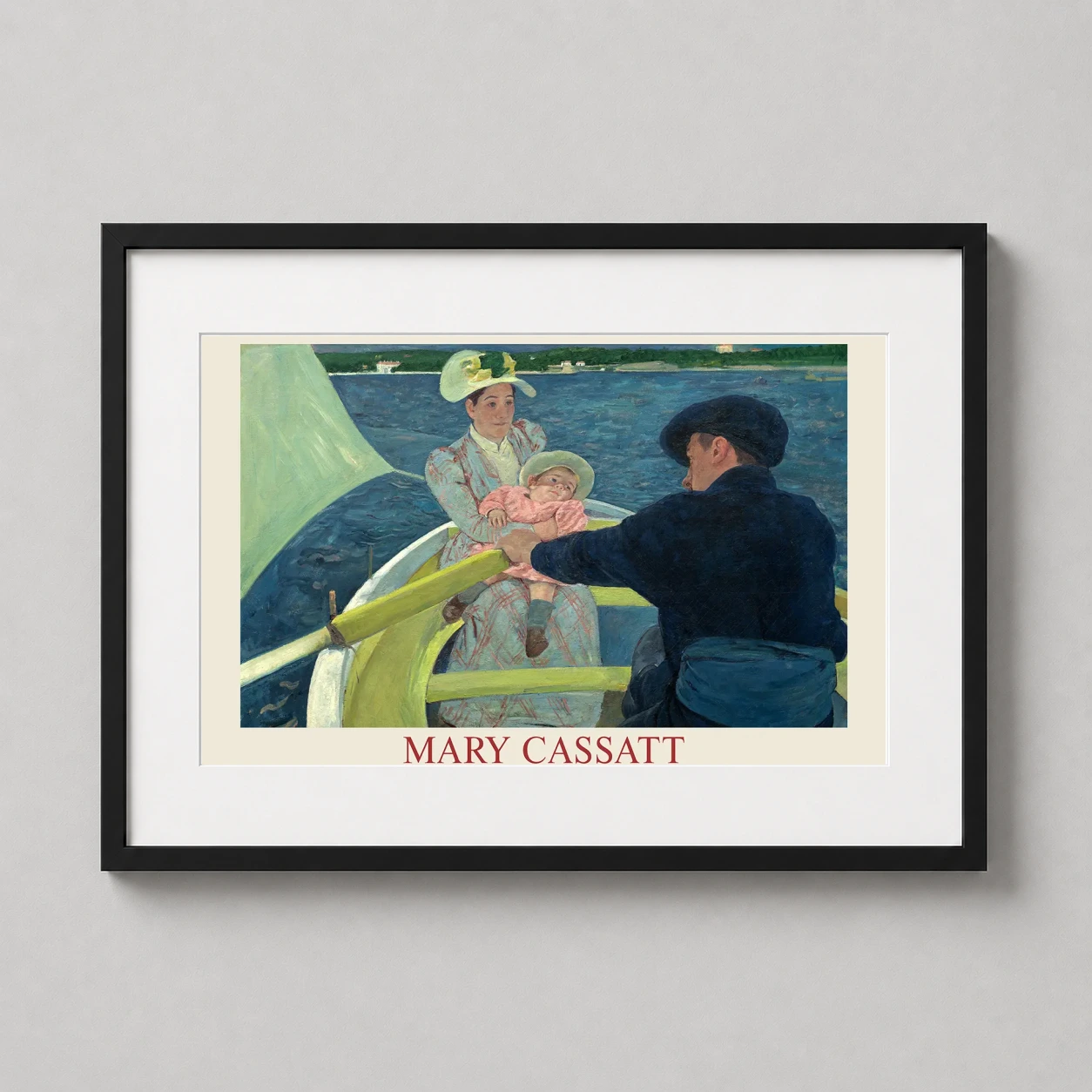 Room mockup of Mary Cassatt The Boating Party Impressionist Exhibition Art Print, displayed as framed wall art in a living room setting as a landscape print with blue tones.
