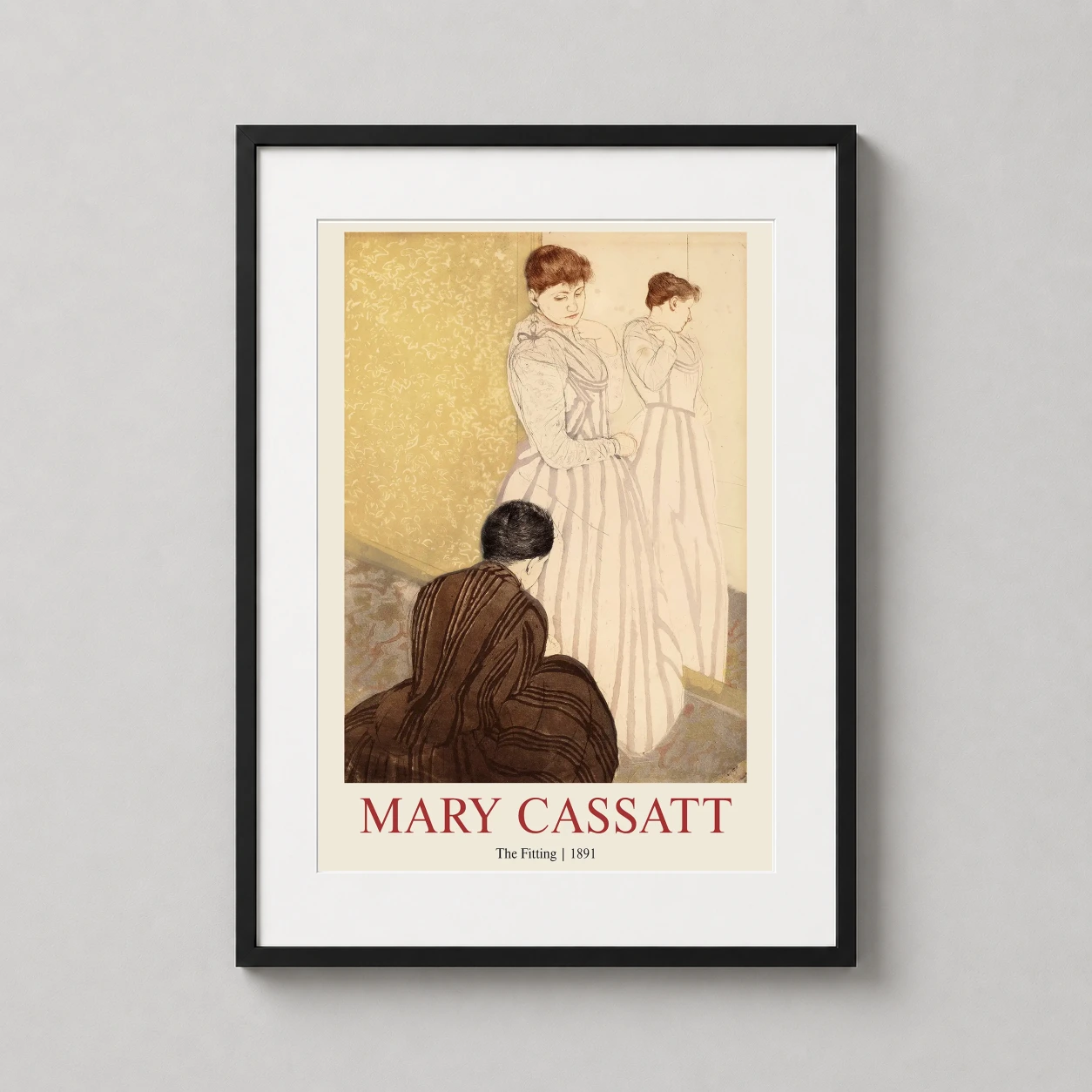 Room mockup of The Fitting by Mary Cassatt, 1891 Impressionist Fine Art Print, displayed as framed wall art in a bedroom setting as a portrait print with purple tones.