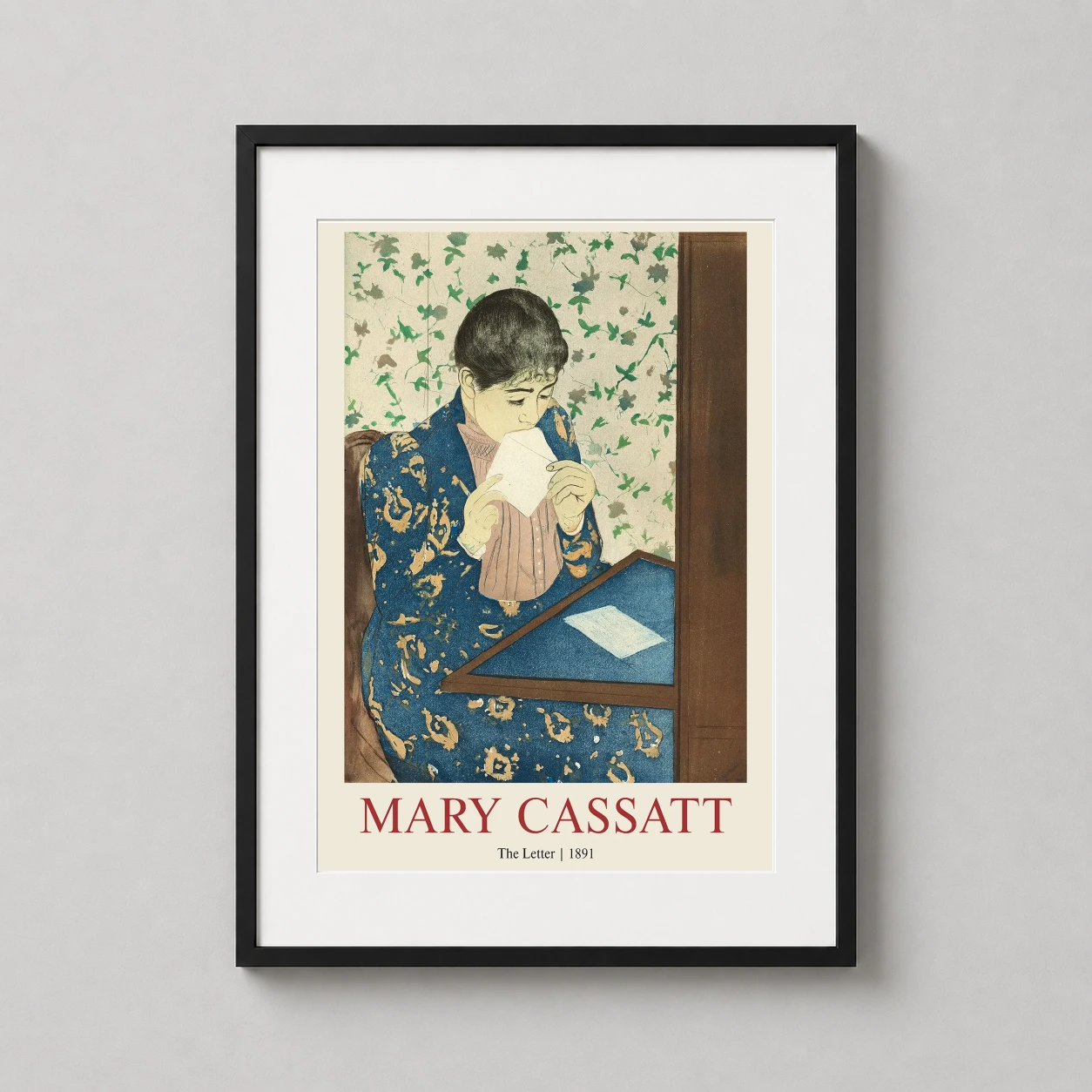 Room mockup of The Letter by Mary Cassatt, 1891 Impressionist Art Print, displayed as framed wall art in a bedroom setting as a portrait print with blue and yellow tones.