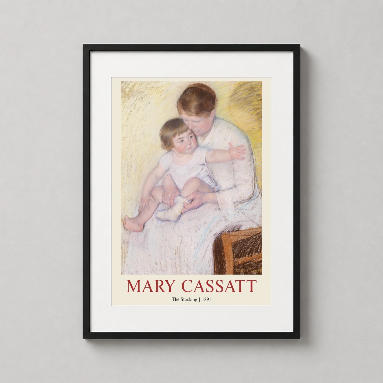 Room mockup of The Stocking by Mary Cassatt 1891, Impressionist Portrait Art Print, displayed as framed wall art in a living room setting as a portrait print with cream tones.