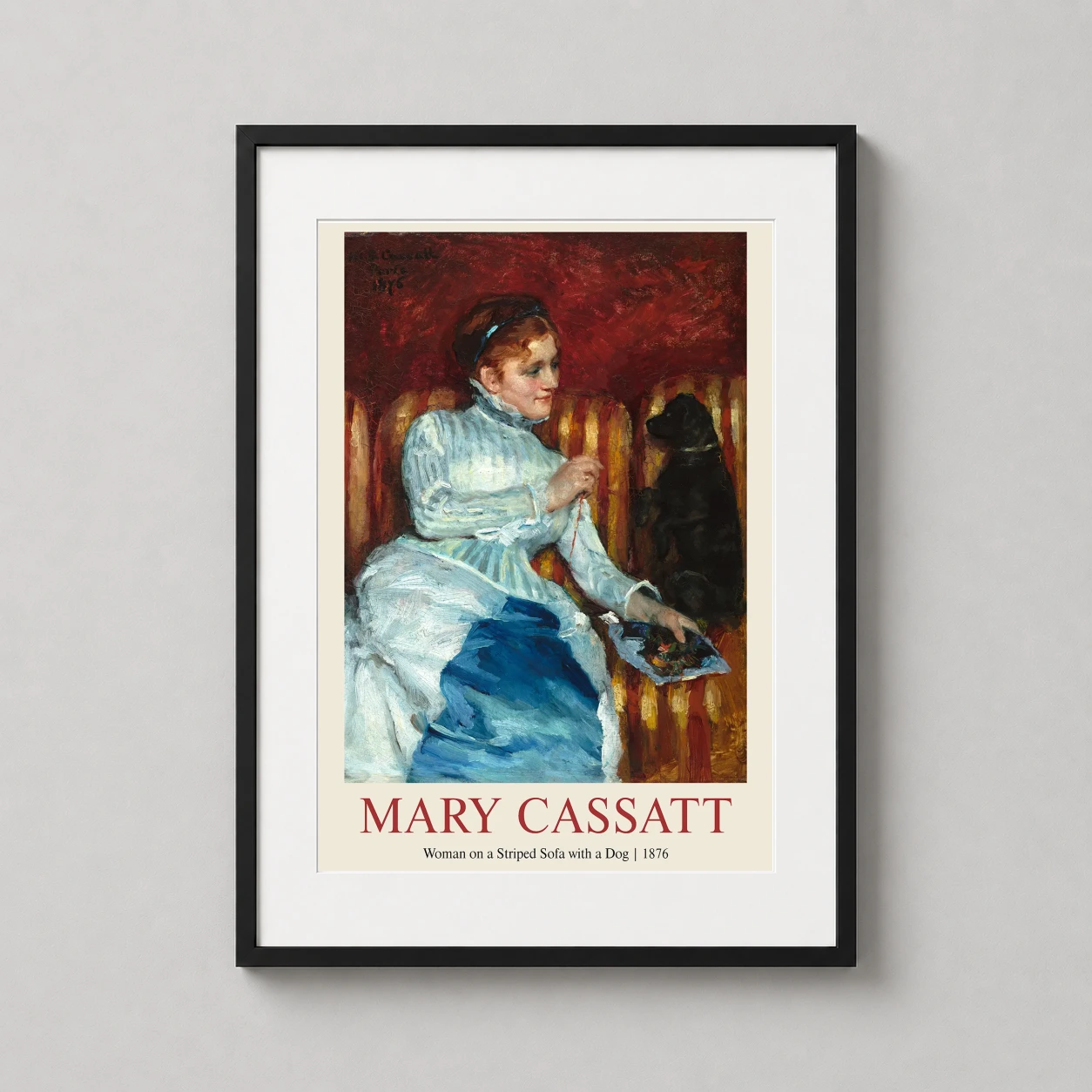 Room mockup of Mary Cassatt Woman on a Striped Sofa with a Dog 1876 Art Print, displayed as framed wall art in a bedroom setting as a portrait print with blue, gold, and red tones.