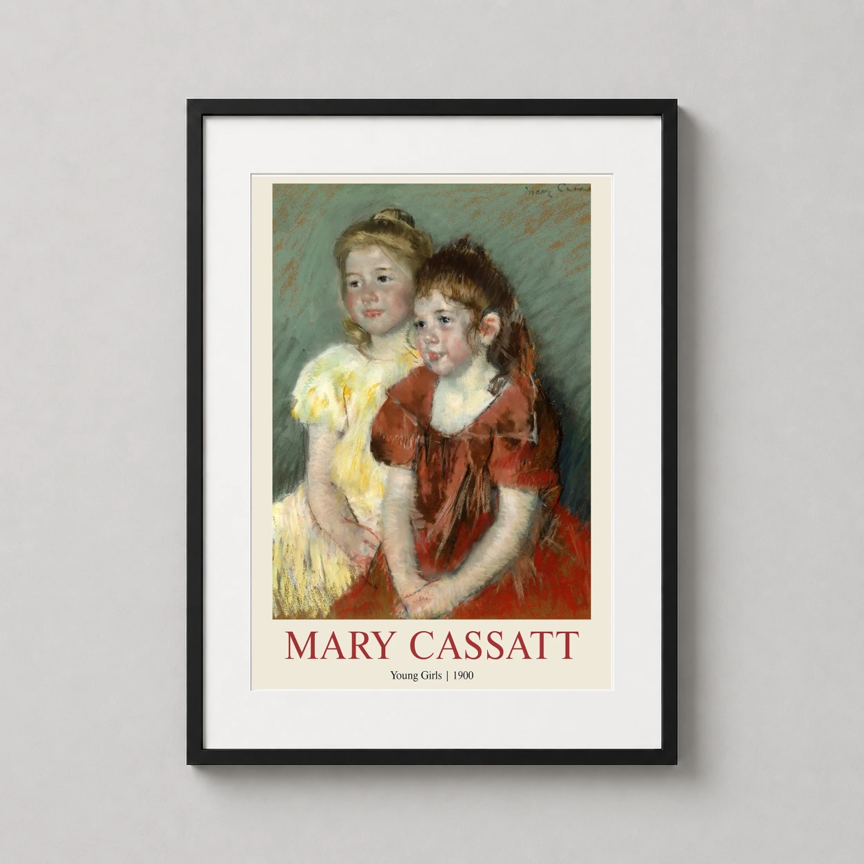Room mockup of Young Girls 1900 by Mary Cassatt, Impressionist Portrait Art Print, displayed as framed wall art in a living room setting as a portrait print with green, yellow, and red tones.