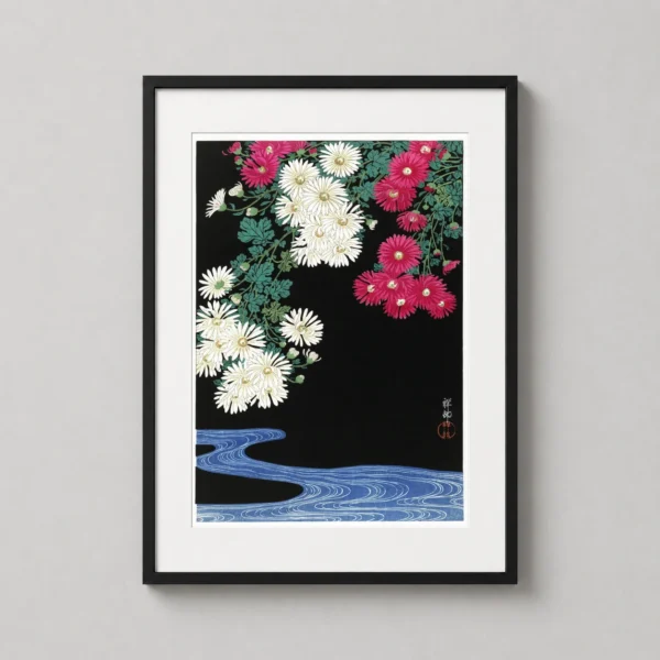 Classic Ohara Koson Chrysanthemums and Stream Japanese Art Print