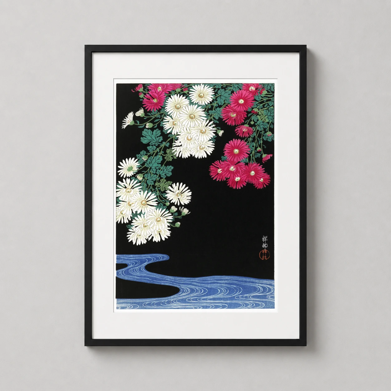 Ohara Koson Chrysanthemums Stream — vibrant pink and white chrysanthemums arch over a stylized blue stream
