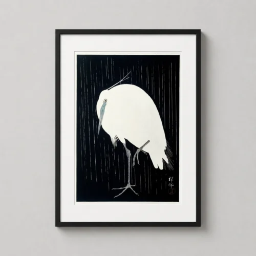 Egret in the Rain Japanese Woodblock Art Print, Ohara Koson