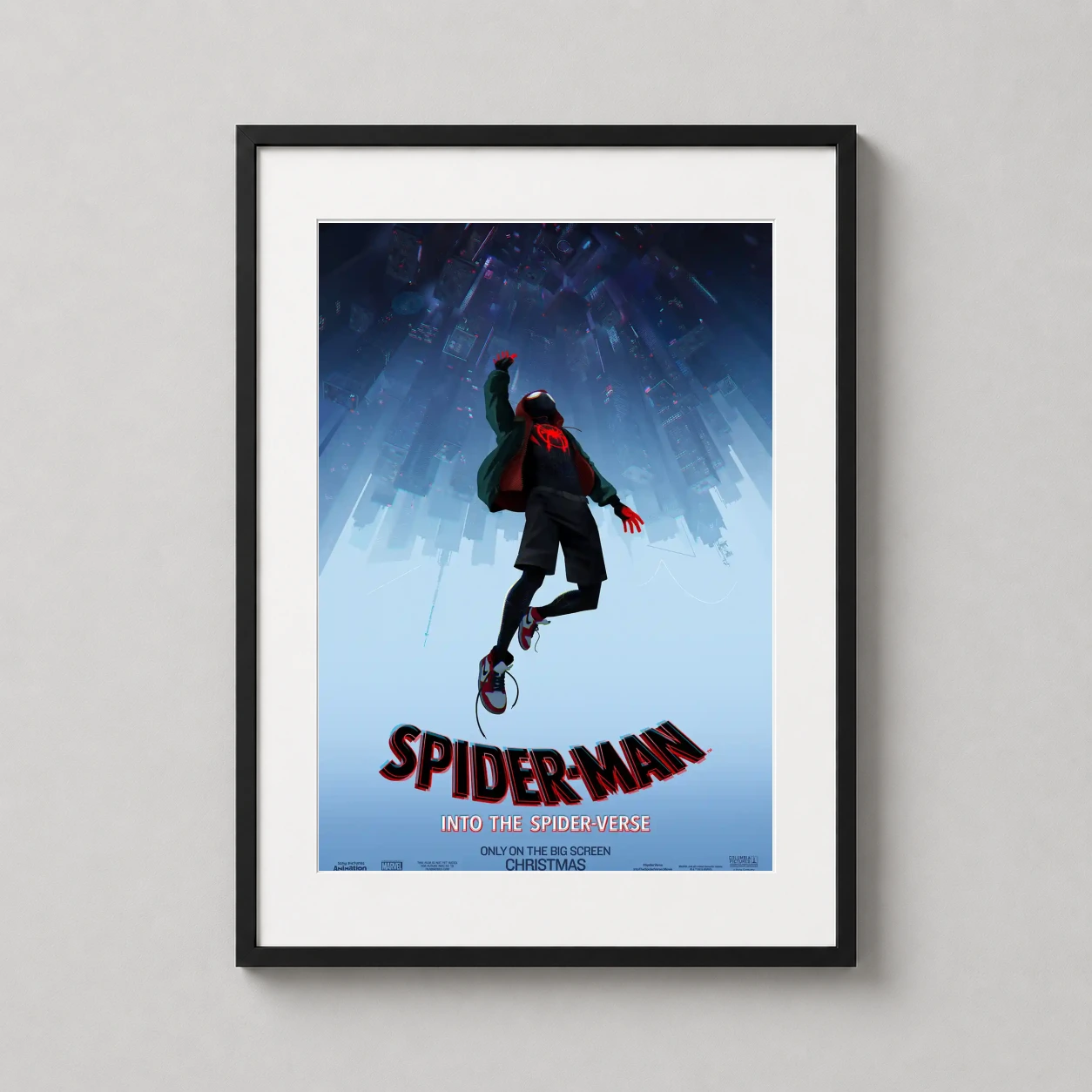 Spider Man Into the Spider — miles Morales falls through an inverted New York City skyline in this