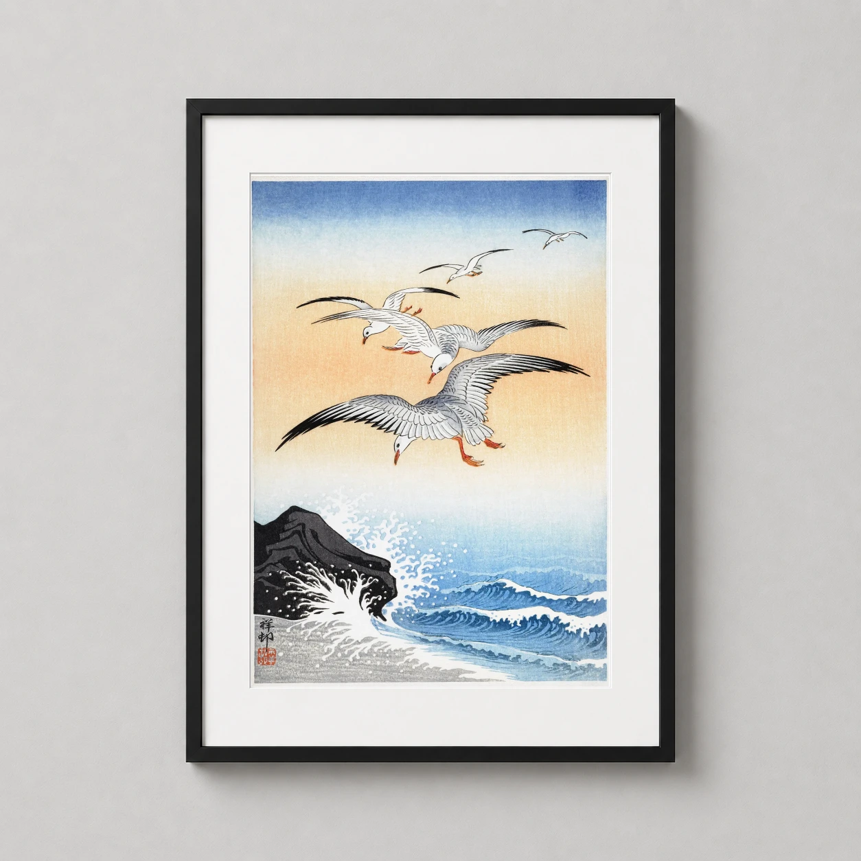 Five Seagulls Above Turbulent — traditional Japanese woodblock print featuring five white and grey