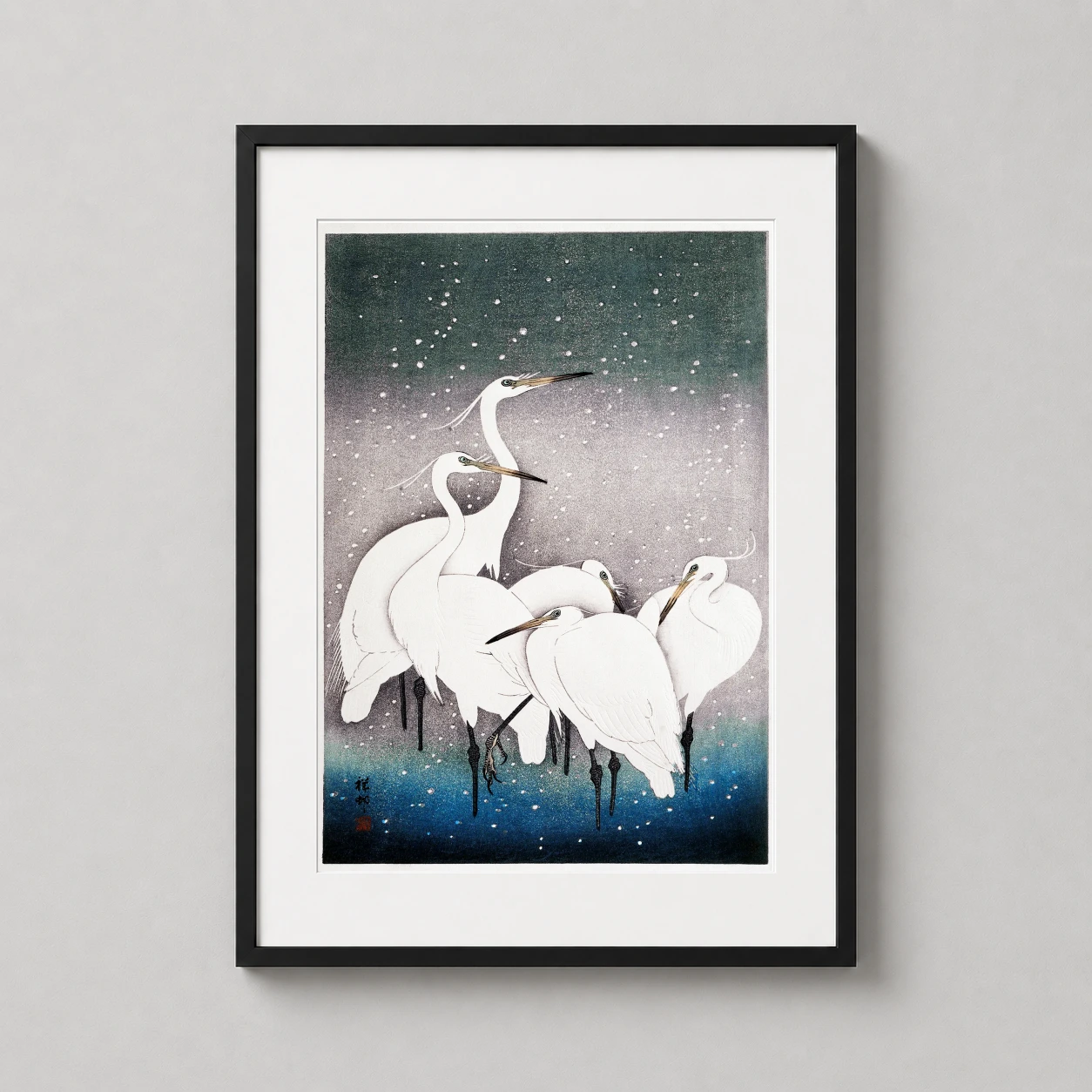 Egret Group Snow — elegant white egrets huddle together amidst falling snow in this