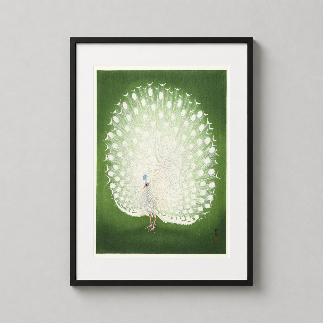 Room mockup of White Peacock Japanese Woodblock Ohara Koson Wall Art Print, displayed as framed wall art in a bedroom setting as a portrait print with green and white tones.