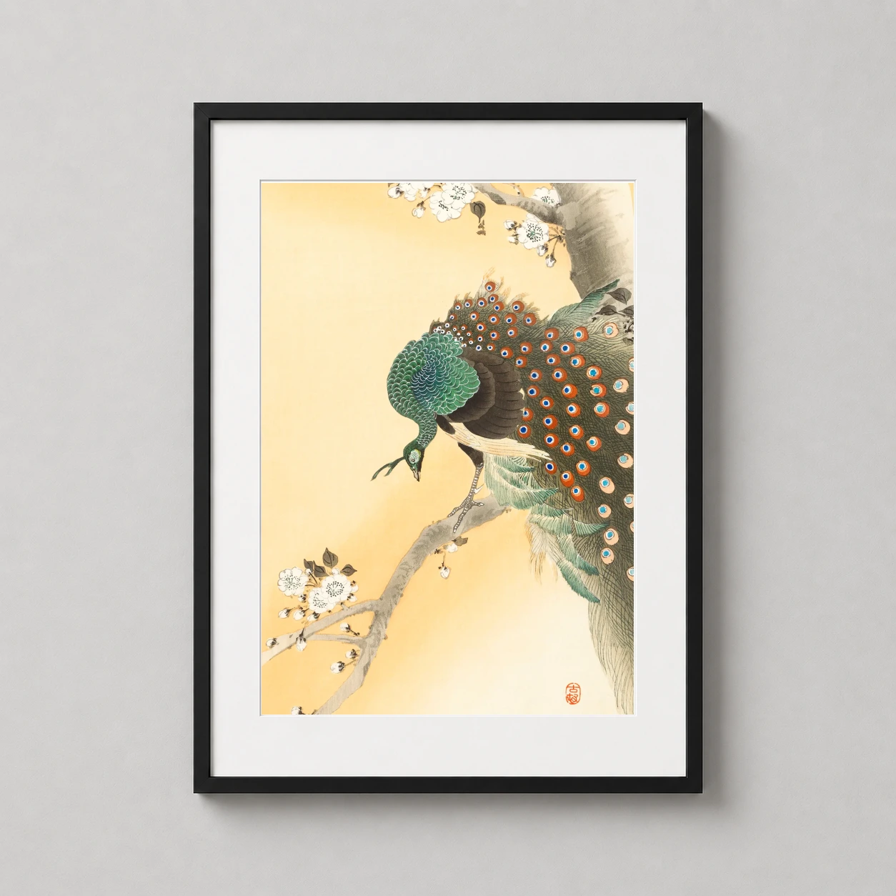 Peacock Cherry Blossom Tree — vintage Japanese woodblock print featuring a vibrant green and blue