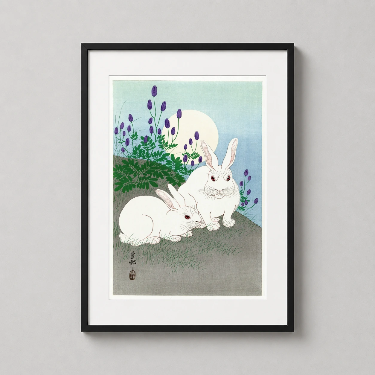 Rabbits Full Moon Ohara — classic Japanese woodblock print featuring two white rabbits with pink