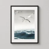 Seagulls Over Waves Japanese Woodblock Art Print by Ohara Koson
