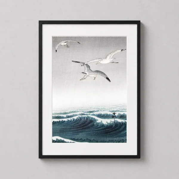 Seagulls Over Waves Japanese Woodblock Art Print by Ohara Koson