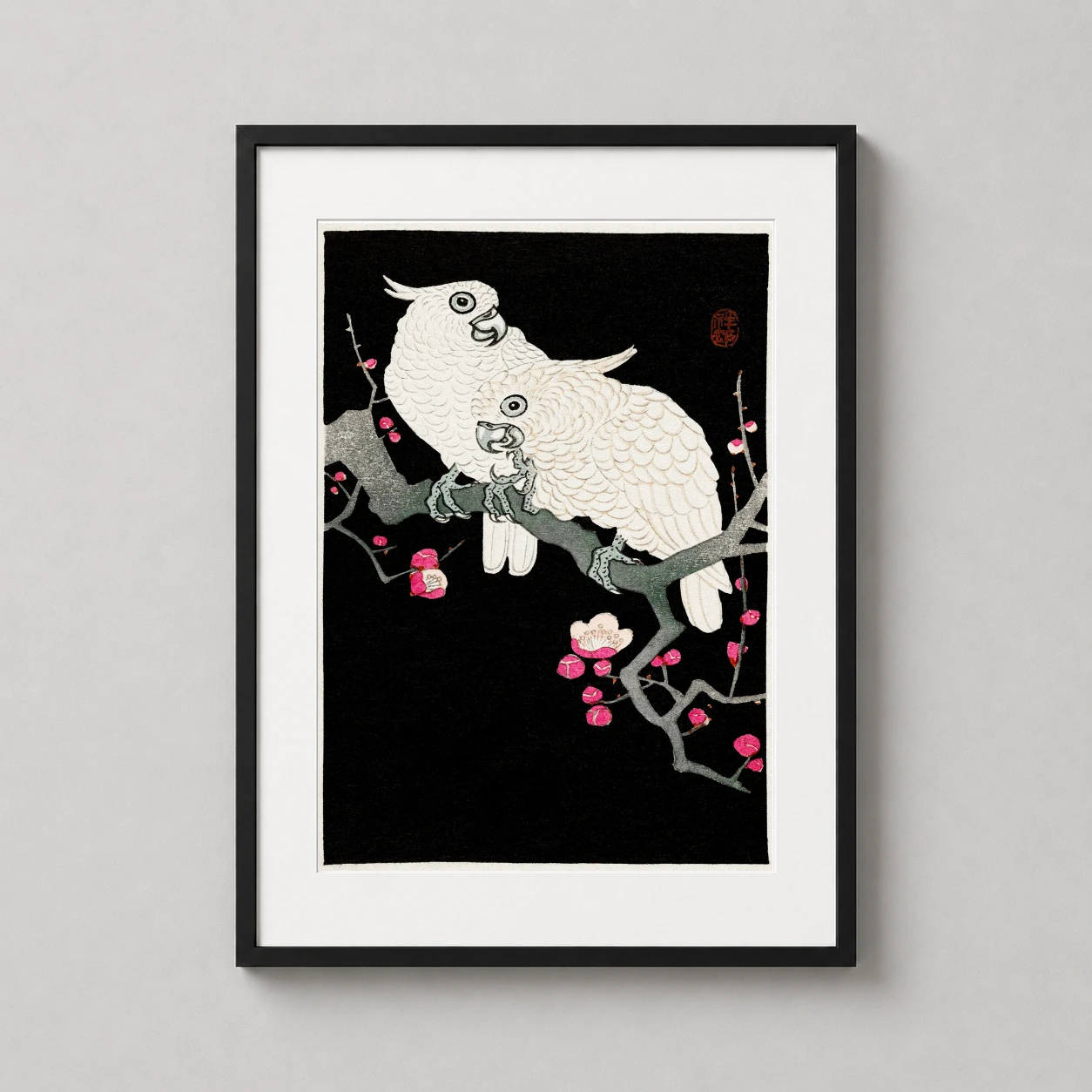 Cockatoo Plum Blossom — pair of white cockatoos resting on a flowering plum branch, rendered in