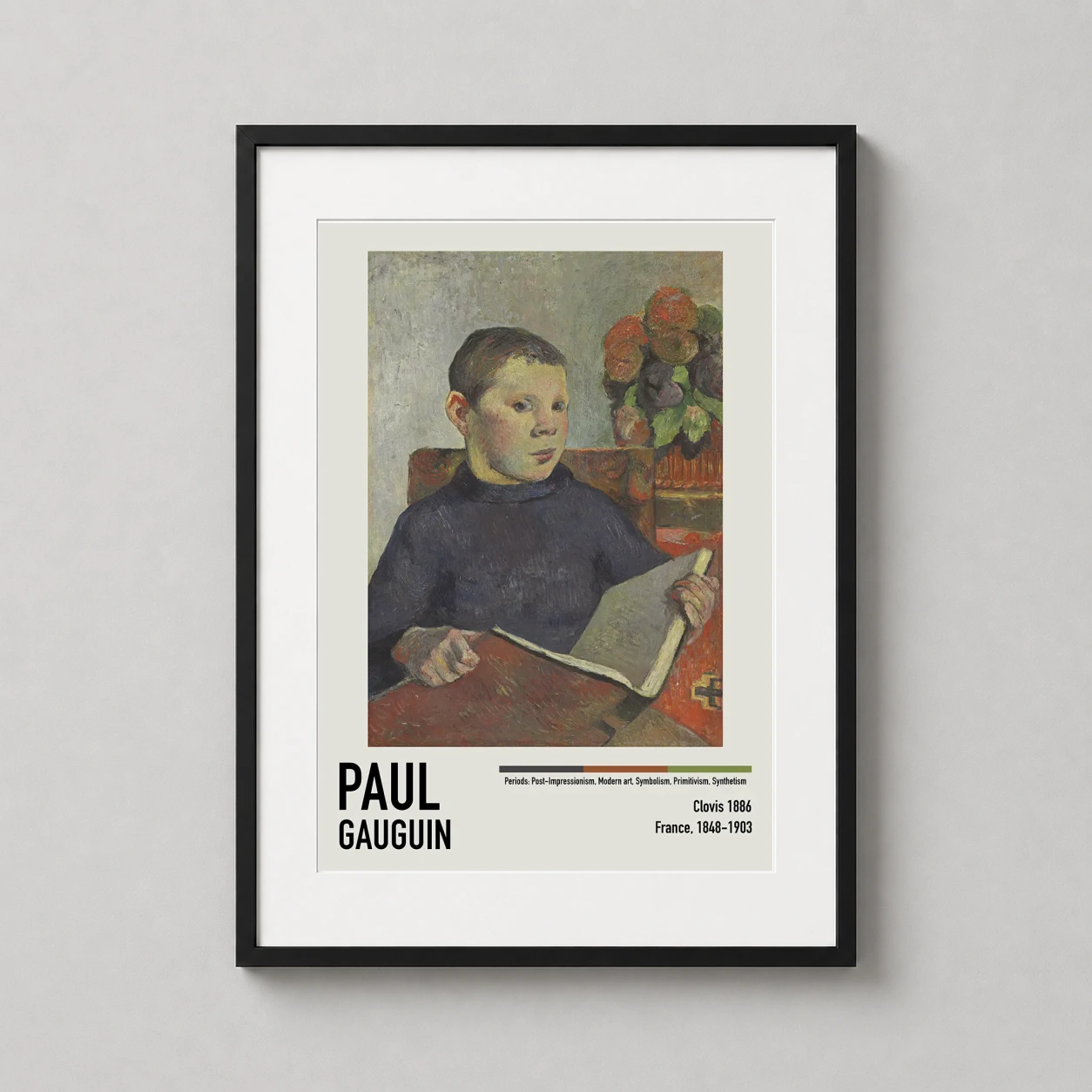 Room mockup of Paul Gauguin, Clovis 1886 Impressionist Portrait Art Print, displayed as framed wall art in a living room setting as a portrait print with grey tones.