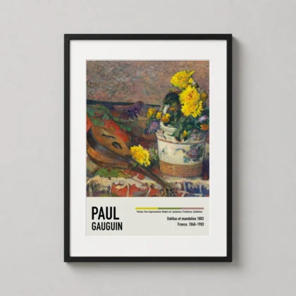 Paul Gauguin Dahlias Et — impressionist still life featuring vibrant yellow dahlias in a ceramic