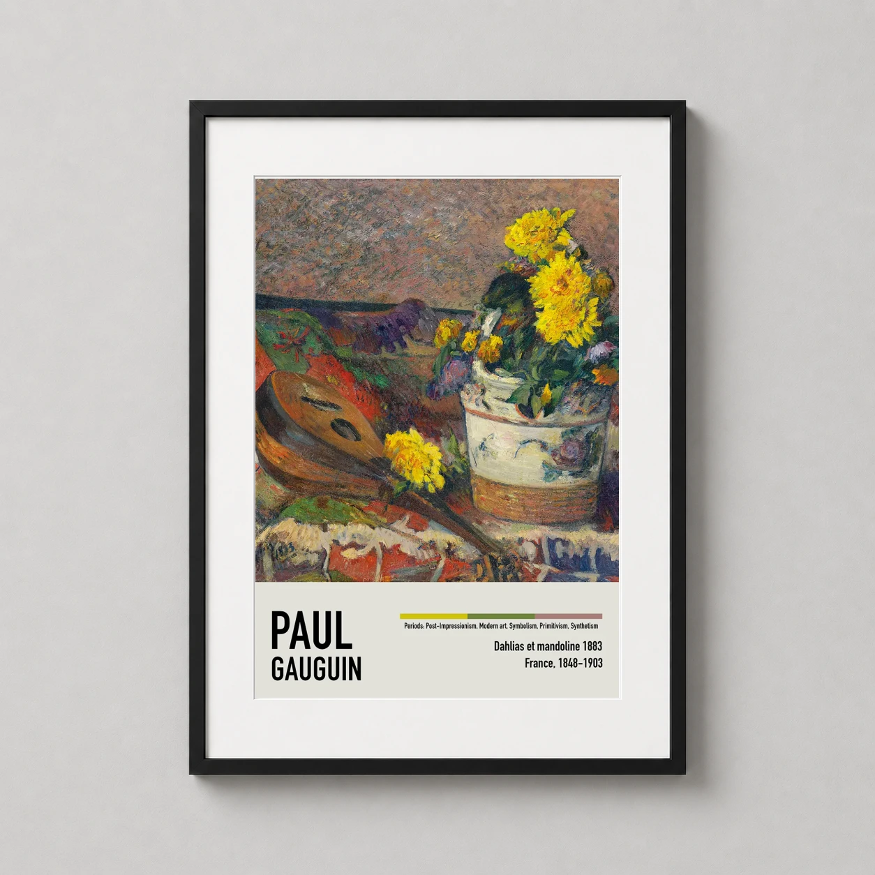 Paul Gauguin Dahlias Et — impressionist still life featuring vibrant yellow dahlias in a ceramic