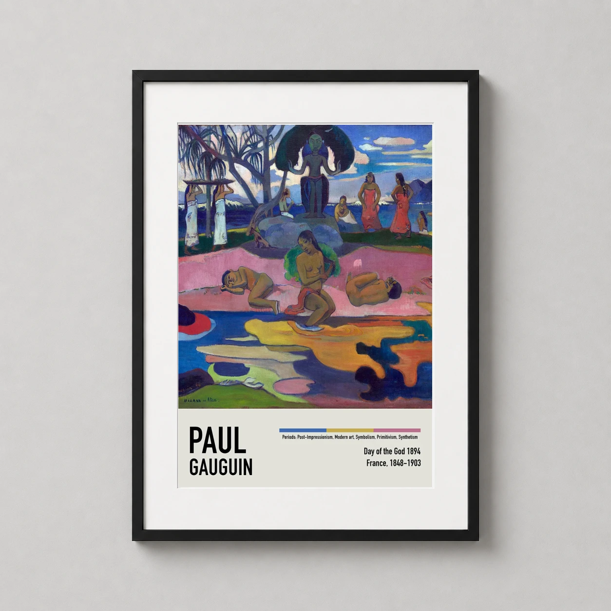 Room mockup of Mahana no Atua Day of the God by Paul Gauguin Art Print, displayed as framed wall art in a living room setting as a portrait print with blue, yellow, and pink tones.